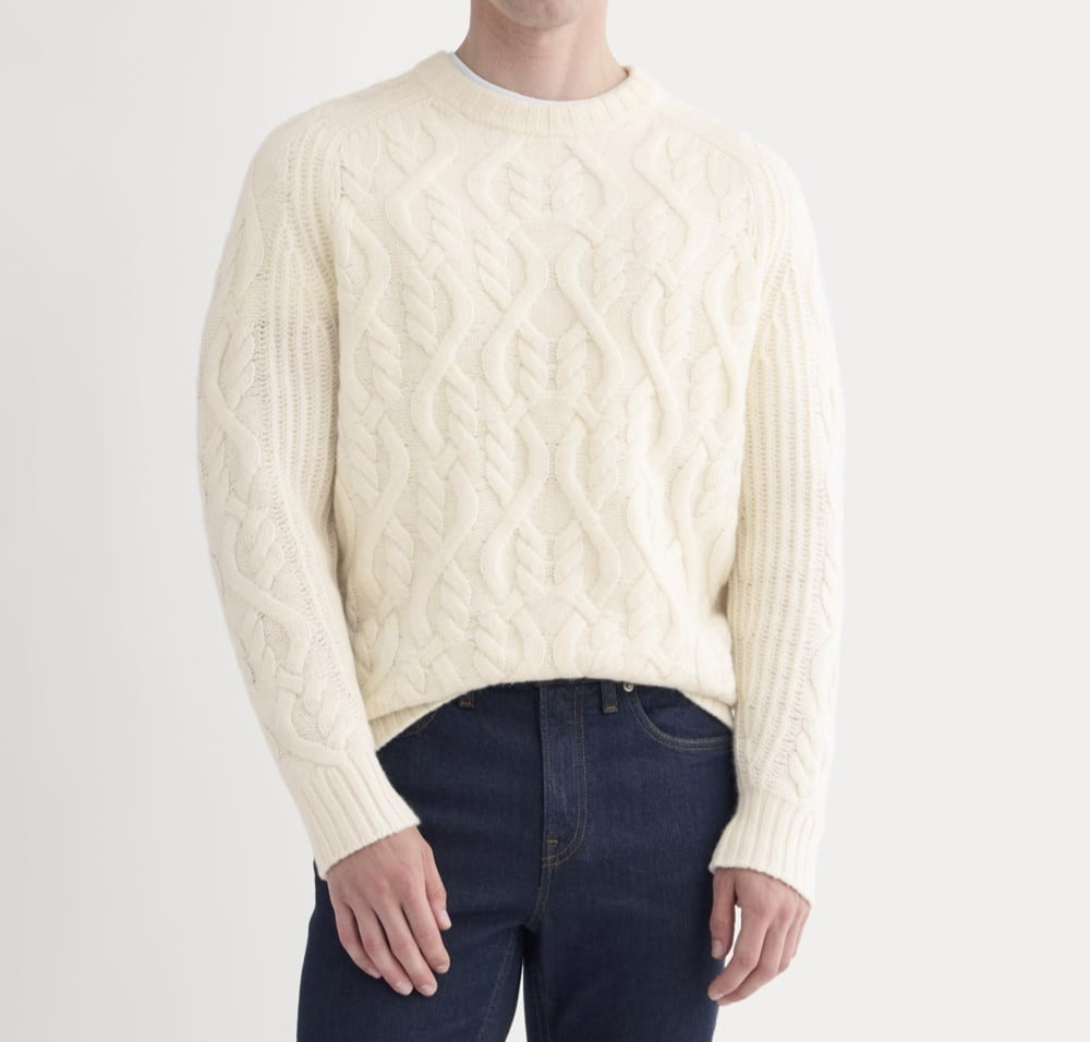 Everlane Men's Cream Merino Wool Chunky Cable Knit Crewneck Pullover, Size XXL